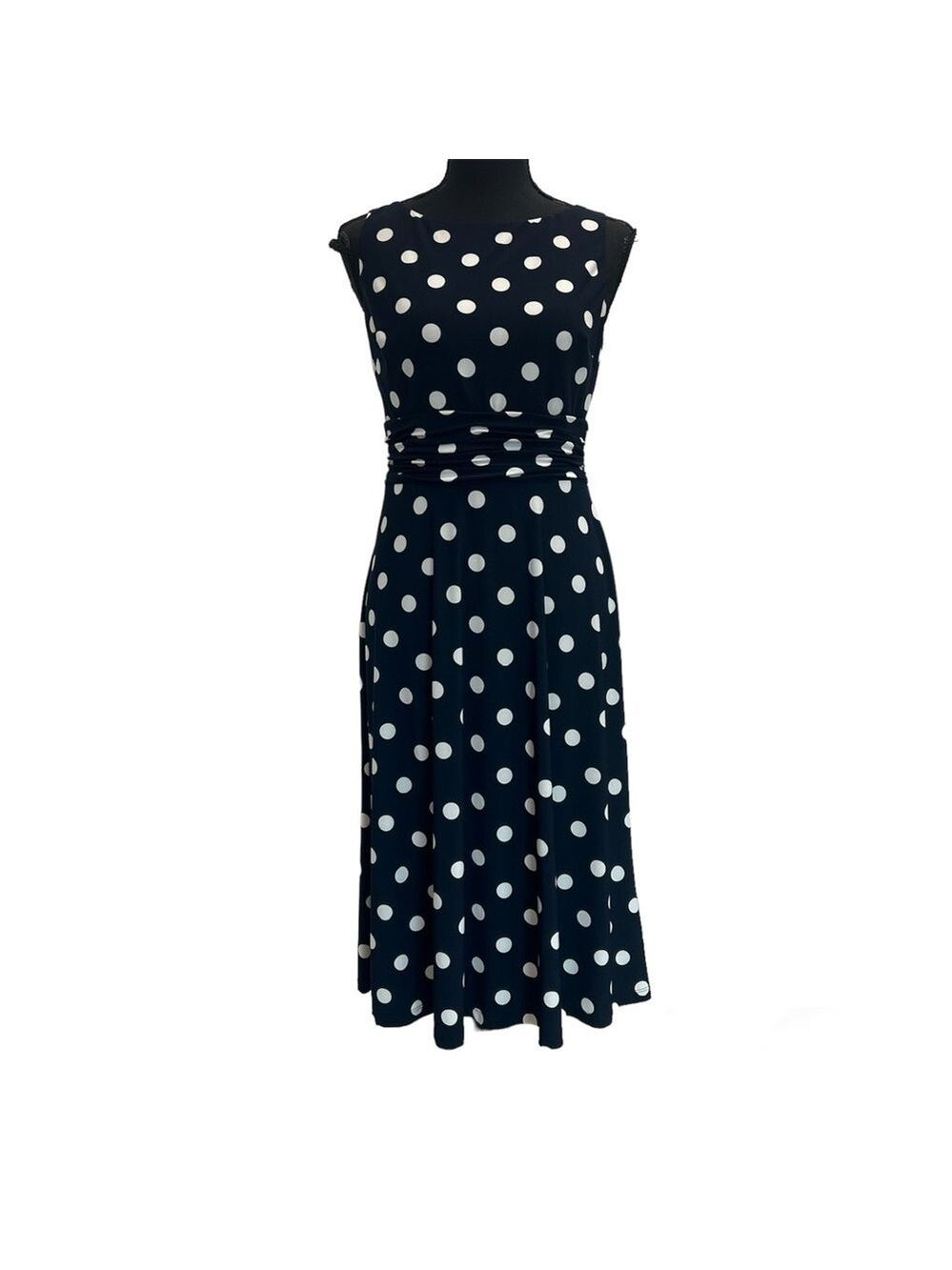 Chaps dark navy blue white polkadot sleeveless fit and flare midi dress Sz S